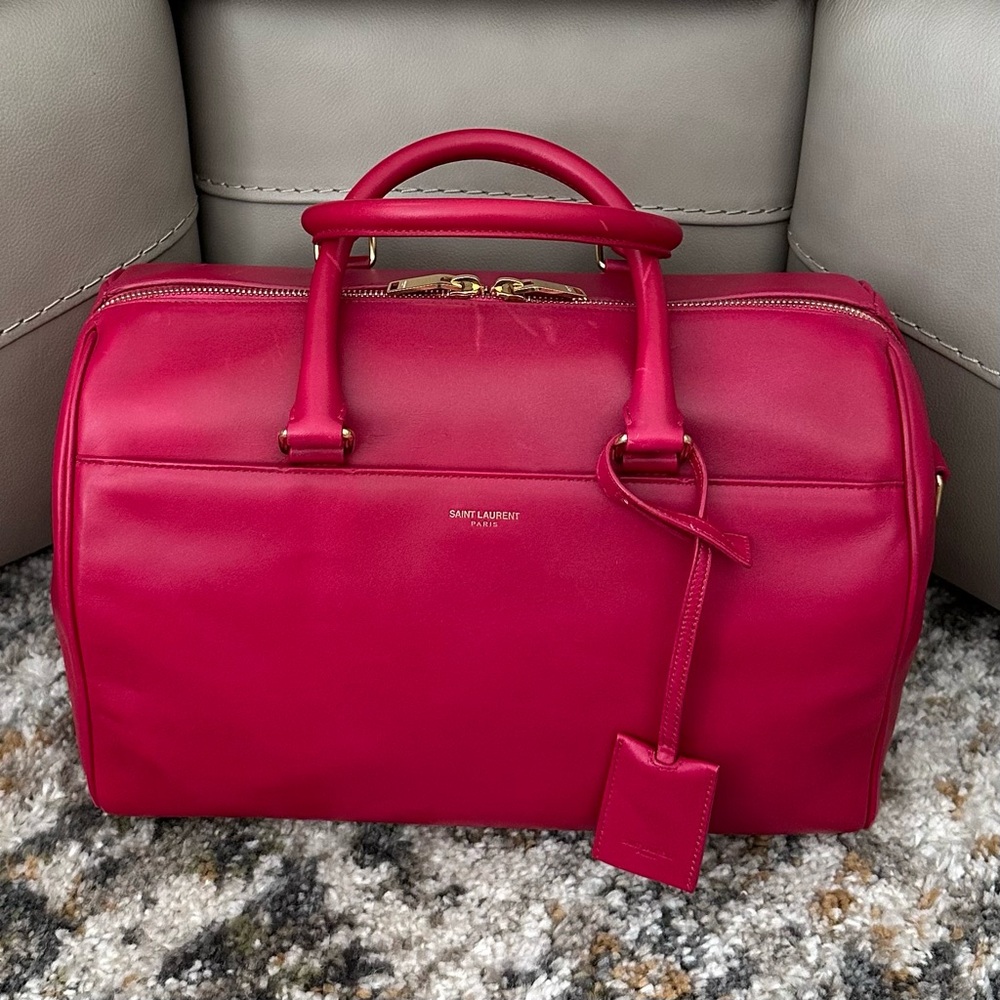 SAINT LAURENT FUCHSIA YSL 2 WAY LEATHER DUFFEL BOSTON CROSSBODY BAG CARDS & COA - Picture 3 of 16